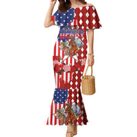 Kentucky Horses Racing Family Matching Mermaid Dress and Hawaiian Shirt US Flag Grunge and Diamond Pattern Red Color