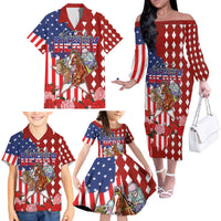 Kentucky Horses Racing Family Matching Off The Shoulder Long Sleeve Dress and Hawaiian Shirt US Flag Grunge and Diamond Pattern Red Color