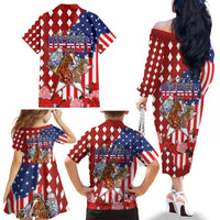Kentucky Horses Racing Family Matching Off The Shoulder Long Sleeve Dress and Hawaiian Shirt US Flag Grunge and Diamond Pattern Red Color