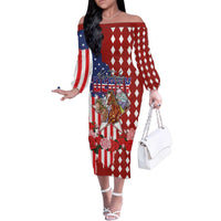 Kentucky Horses Racing Family Matching Off The Shoulder Long Sleeve Dress and Hawaiian Shirt US Flag Grunge and Diamond Pattern Red Color