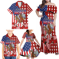Kentucky Horses Racing Family Matching Off Shoulder Maxi Dress and Hawaiian Shirt US Flag Grunge and Diamond Pattern Red Color