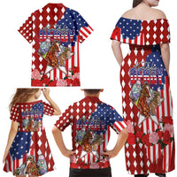 Kentucky Horses Racing Family Matching Off Shoulder Maxi Dress and Hawaiian Shirt US Flag Grunge and Diamond Pattern Red Color