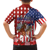 Kentucky Horses Racing Family Matching Off Shoulder Short Dress and Hawaiian Shirt US Flag Grunge and Diamond Pattern Red Color
