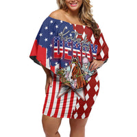 Kentucky Horses Racing Family Matching Off Shoulder Short Dress and Hawaiian Shirt US Flag Grunge and Diamond Pattern Red Color