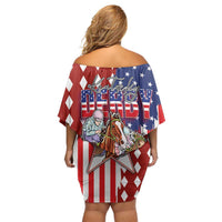 Kentucky Horses Racing Family Matching Off Shoulder Short Dress and Hawaiian Shirt US Flag Grunge and Diamond Pattern Red Color