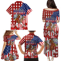 Kentucky Horses Racing Family Matching Puletasi and Hawaiian Shirt US Flag Grunge and Diamond Pattern Red Color