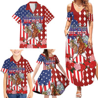 Kentucky Horses Racing Family Matching Summer Maxi Dress and Hawaiian Shirt US Flag Grunge and Diamond Pattern Red Color