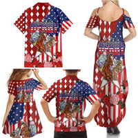 Kentucky Horses Racing Family Matching Summer Maxi Dress and Hawaiian Shirt US Flag Grunge and Diamond Pattern Red Color