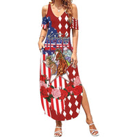 Kentucky Horses Racing Family Matching Summer Maxi Dress and Hawaiian Shirt US Flag Grunge and Diamond Pattern Red Color