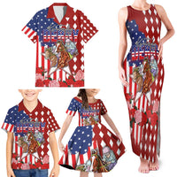 Kentucky Horses Racing Family Matching Tank Maxi Dress and Hawaiian Shirt US Flag Grunge and Diamond Pattern Red Color