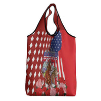 Kentucky Horses Racing Grocery Bag US Flag Grunge and Diamond Pattern Red Color