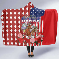 Kentucky Horses Racing Hooded Blanket US Flag Grunge and Diamond Pattern Red Color