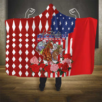 Kentucky Horses Racing Hooded Blanket US Flag Grunge and Diamond Pattern Red Color