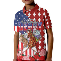 Kentucky Horses Racing Kid Polo Shirt US Flag Grunge and Diamond Pattern Red Color