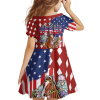 Kentucky Horses Racing Kid Short Sleeve Dress US Flag Grunge and Diamond Pattern Red Color