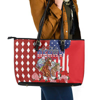 Kentucky Horses Racing Leather Tote Bag US Flag Grunge and Diamond Pattern Red Color
