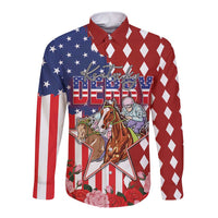 Kentucky Horses Racing Long Sleeve Button Shirt US Flag Grunge and Diamond Pattern Red Color