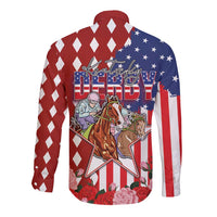 Kentucky Horses Racing Long Sleeve Button Shirt US Flag Grunge and Diamond Pattern Red Color