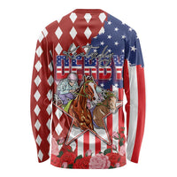 Kentucky Horses Racing Long Sleeve Shirt US Flag Grunge and Diamond Pattern Red Color