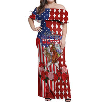Kentucky Horses Racing Off Shoulder Maxi Dress US Flag Grunge and Diamond Pattern Red Color
