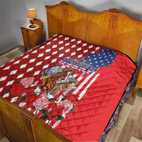 Kentucky Horses Racing Quilt US Flag Grunge and Diamond Pattern Red Color