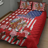 Kentucky Horses Racing Quilt Bed Set US Flag Grunge and Diamond Pattern Red Color