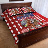 Kentucky Horses Racing Quilt Bed Set US Flag Grunge and Diamond Pattern Red Color