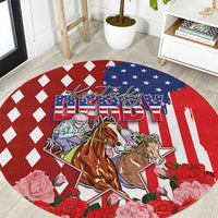 Kentucky Horses Racing Round Carpet US Flag Grunge and Diamond Pattern Red Color