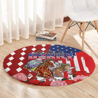 Kentucky Horses Racing Round Carpet US Flag Grunge and Diamond Pattern Red Color