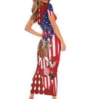Kentucky Horses Racing Short Sleeve Bodycon Dress US Flag Grunge and Diamond Pattern Red Color