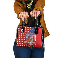 Kentucky Horses Racing Shoulder Handbag US Flag Grunge and Diamond Pattern Red Color