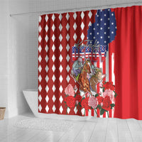 Kentucky Horses Racing Shower Curtain US Flag Grunge and Diamond Pattern Red Color