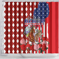 Kentucky Horses Racing Shower Curtain US Flag Grunge and Diamond Pattern Red Color