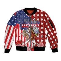 Kentucky Horses Racing Sleeve Zip Bomber Jacket US Flag Grunge and Diamond Pattern Red Color