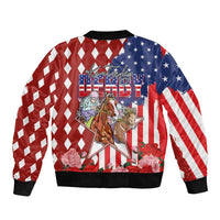 Kentucky Horses Racing Sleeve Zip Bomber Jacket US Flag Grunge and Diamond Pattern Red Color