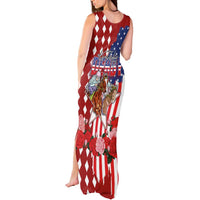 Kentucky Horses Racing Tank Maxi Dress US Flag Grunge and Diamond Pattern Red Color