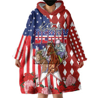 Kentucky Horses Racing Wearable Blanket Hoodie US Flag Grunge and Diamond Pattern Red Color
