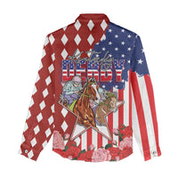 Kentucky Horses Racing Women Casual Shirt US Flag Grunge and Diamond Pattern Red Color