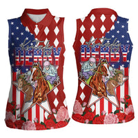 Kentucky Horses Racing Women Sleeveless Polo Shirt US Flag Grunge and Diamond Pattern Red Color