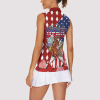 Kentucky Horses Racing Women Sleeveless Polo Shirt US Flag Grunge and Diamond Pattern Red Color