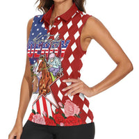 Kentucky Horses Racing Women Sleeveless Polo Shirt US Flag Grunge and Diamond Pattern Red Color