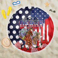 Kentucky Horses Racing Beach Blanket US Flag Grunge and Dot Pattern Blue Color