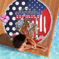 Kentucky Horses Racing Beach Blanket US Flag Grunge and Dot Pattern Blue Color