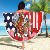 Kentucky Horses Racing Beach Blanket US Flag Grunge and Dot Pattern Blue Color