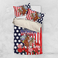 Kentucky Horses Racing Bedding Set US Flag Grunge and Dot Pattern Blue Color