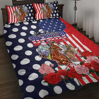 Kentucky Horses Racing Quilt Bed Set US Flag Grunge and Dot Pattern Blue Color