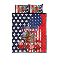 Kentucky Horses Racing Quilt Bed Set US Flag Grunge and Dot Pattern Blue Color