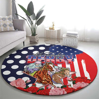 Kentucky Horses Racing Round Carpet US Flag Grunge and Dot Pattern Blue Color