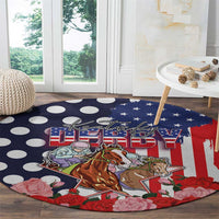 Kentucky Horses Racing Round Carpet US Flag Grunge and Dot Pattern Blue Color