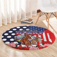 Kentucky Horses Racing Round Carpet US Flag Grunge and Dot Pattern Blue Color
